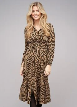 Styleboom Fashion Damen Viskose Maxi Kleid AOP Animal Bindegürtel Schwarz Braun