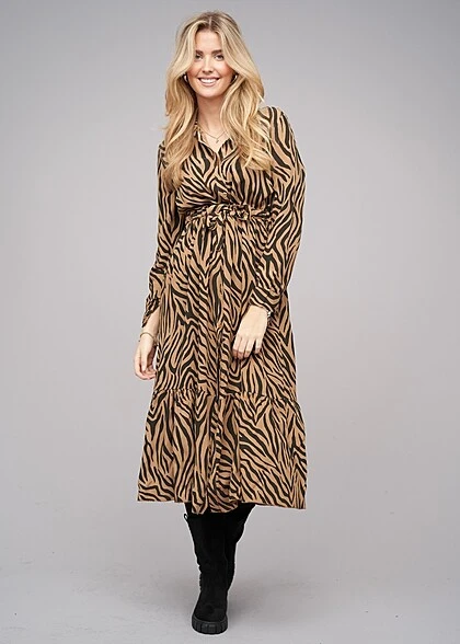 Styleboom Fashion Damen Viskose Maxi Kleid AOP Animal Bindegürtel Schwarz Braun 2 Styleboom Fashion Damen Viskose Maxi Kleid AOP Animal Bindegürtel Schwarz Braun – Bild 2