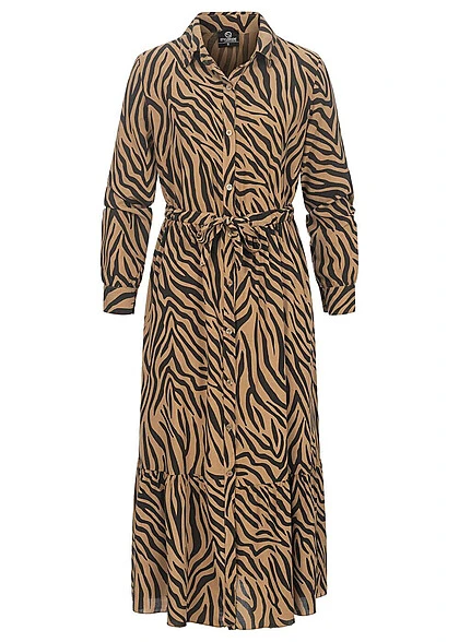 Styleboom Fashion Damen Viskose Maxi Kleid AOP Animal Bindegürtel Schwarz Braun 4 Styleboom Fashion Damen Viskose Maxi Kleid AOP Animal Bindegürtel Schwarz Braun – Bild 4