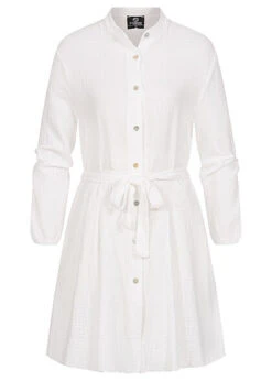 Styleboom Fashion Damen Kleid Langarm Mit 7 Knöpfen Bindegürtel Weiss