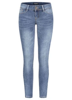 Seventyseven Lifestyle Damen Skinny Jeans Hose 5-Pockets Mit 2er Knopfleiste Med. Blau