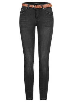 Seventyseven Lifestyle Damen Skinny Jeans Hose 5-Pockets Mit Gürtel Schwarz