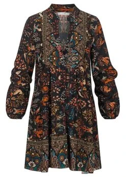 Hailys Damen Kurzes Kleid Langärmelig Mit Boarderprint Schwarz Multicolor