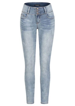 Seventyseven Lifestyle Damen Skinny Jeans Hose 5-Pockets 3er Knopfleiste Hell Blau