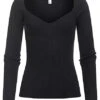 Vero Moda Damen Ribbed Viskose Longeleeve Pullover Mit Herzausschnitt Schwarz