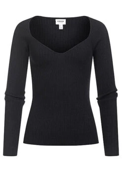 Vero Moda Damen Ribbed Viskose Longeleeve Pullover Mit Herzausschnitt Schwarz
