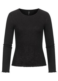 ONLY Damen Struktur Longsleeve Pullover Mit Frilldetails Am Saum Schwarz