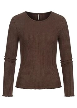 ONLY Damen Struktur Longsleeve Pullover Mit Frilldetails Am Saum Shopping Bag Dunkel Braun