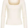 ONLY Damen NOOS Basic Ribbed Longsleeve Knopfleiste Carree-Ausschnitt Cloud Weiss