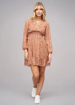 Cloud5ive Damen V-Neck Chiffon Kleid Mit Taillengummizug Blumen Print 2-lagig Nude -Onlyy Kleidung Geschaft 21117014 2