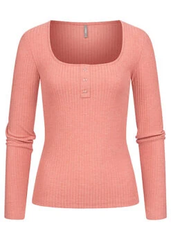 ONLY Damen Ribbed Plancket Longsleeve Leichter Pullover Deko Knopfleiste Rosette Rosa