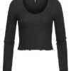 ONLY Damen Cropped V-Neck Longsleeve Pullover Mit Frilldetails Am Saum Schwarz