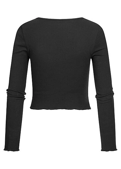 ONLY Damen Cropped V-Neck Longsleeve Pullover Mit Frilldetails Am Saum Schwarz 2 ONLY Damen Cropped V-Neck Longsleeve Pullover Mit Frilldetails Am Saum Schwarz – Bild 2