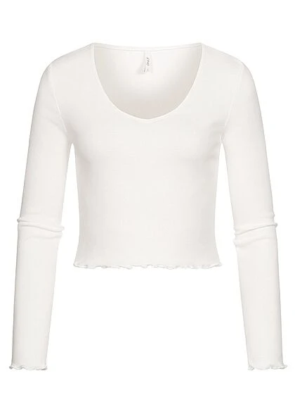 ONLY Damen Cropped V-Neck Longsleeve Pullover Mit Frilldetails Am Saum Weiss 1 ONLY Damen Cropped V-Neck Longsleeve Pullover Mit Frilldetails Am Saum Weiss