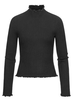 Vero Moda Damen Ribbed High-Neck Longsleeve Mit Frilldetails Schwarz