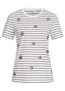ONLY Damen T-Shirt Mit Blumen & Streifen Muster Bright Weiss