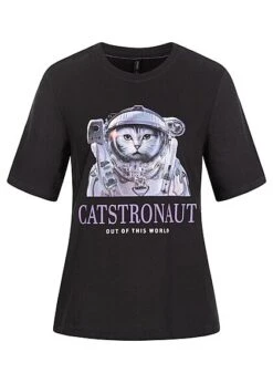 ONLY Damen T-Shirt Catstronaut Cats Print Moonless Night Schwarz Lila