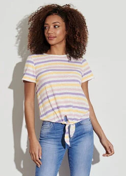 ONLY Damen Basic T-Shirt Mit Streifen Und Knotendetail Weiss Multicolor -Onlyy Kleidung Geschaft 22010617 2