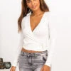 ONLY Damen NOOS Ribbed V-Neck Wickel-Top Longsleeve Seitl. Zum Binden Egret Weiss