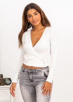 ONLY Damen NOOS Ribbed V-Neck Wickel-Top Longsleeve Seitl. Zum Binden Egret Weiss