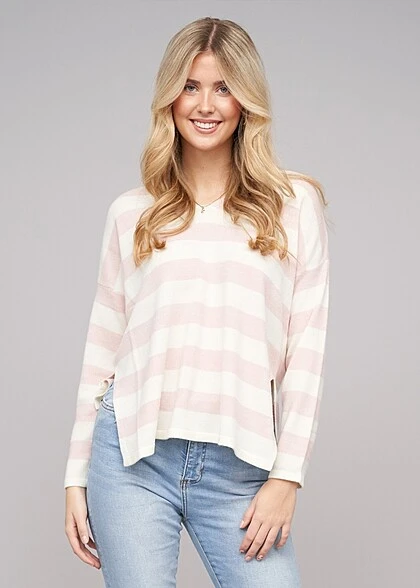 ONLY Damen V-Neck Strick Longsleeve Pullover Mit Streifen Cloud Weiss Rosa 1 ONLY Damen V-Neck Strick Longsleeve Pullover Mit Streifen Cloud Weiss Rosa