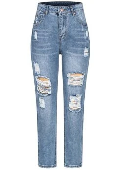 Aiki Damen Jeans Hose 5 Pockets Destroyed Look Hell Blau Denim