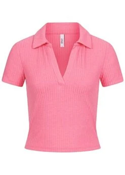 ONLY Damen Cropped Polo Shirt T-Shirt Mit Strukturstoff Und V-Neck Pink