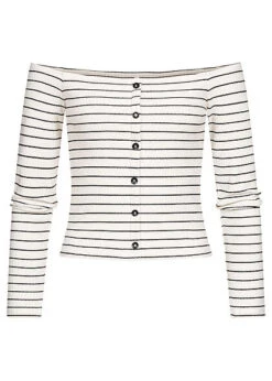 ONLY Damen Off-Shoulder Longsleeve Deko Knopfleiste Gestreift Weiss Schwarz