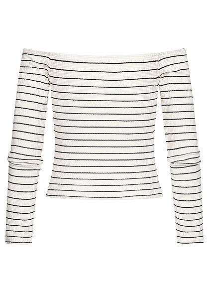 ONLY Damen Off-Shoulder Longsleeve Deko Knopfleiste Gestreift Weiss Schwarz 2 ONLY Damen Off-Shoulder Longsleeve Deko Knopfleiste Gestreift Weiss Schwarz – Bild 2