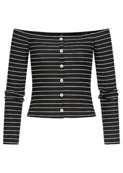 ONLY Damen Off-Shoulder Longsleeve Deko Knopfleiste Gestreift Schwarz Weiss