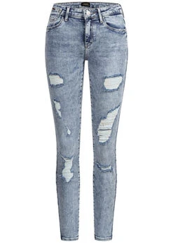 ONLY Damen Ankle Skinny Fit Jeans Hose 5-Pockets Mid-Waist Destroyed Look Hell Blau Denim