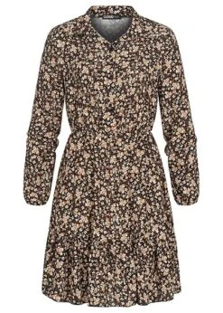 Cloud5ive Damen Volant Kleid Mit Kragen Und Knopfleiste Blumen Print Schwarz