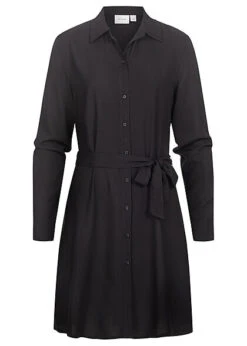 VILA Damen NOOS Langarm Kleid Knopfleiste Und Kragen Mit Bindegürtel Schwarz