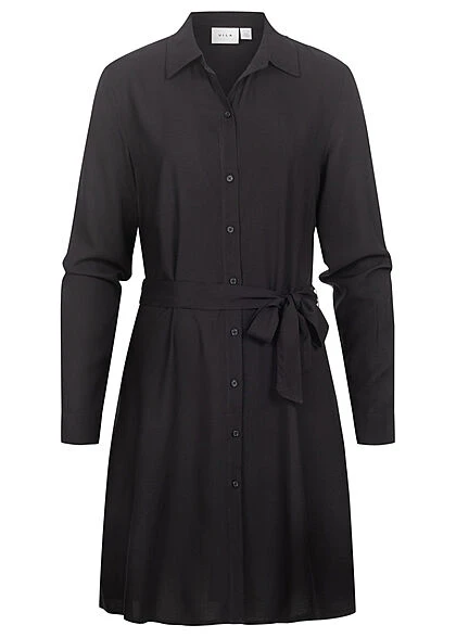 VILA Damen NOOS Langarm Kleid Knopfleiste Und Kragen Mit Bindegürtel Schwarz 1 VILA Damen NOOS Langarm Kleid Knopfleiste Und Kragen Mit Bindegürtel Schwarz