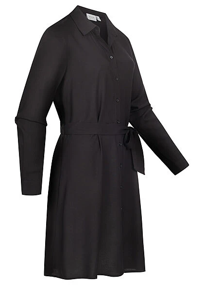 VILA Damen NOOS Langarm Kleid Knopfleiste Und Kragen Mit Bindegürtel Schwarz 2 VILA Damen NOOS Langarm Kleid Knopfleiste Und Kragen Mit Bindegürtel Schwarz – Bild 2