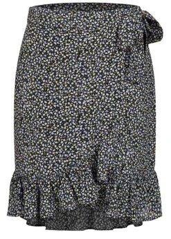 VILA Damen NOOS High-Waist Mini Wickelrock Mit Schleife Blüten Muster Schwarz Blau