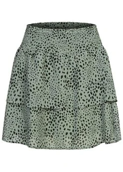 ONLY Damen NOOS Mini Rock Stufenrock Mit Gummibund Leo Print Grün Schwarz