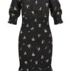 Pieces Damen Viskose Kleid 1/2 Arm Und Carreeausschnitt Blumen Print Schwarz