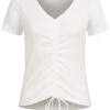 AIKI Damen Ribbed V-Neck T-Shirt Mit Raffdetail Vorne Off Weiss