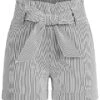 AIKI Damen Kurze Paperbag Shorts Inkl. Bindegürtel Streifen 2-Pockets Hell Grau