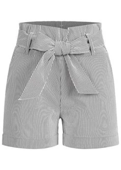AIKI Damen Kurze Paperbag Shorts Inkl. Bindegürtel Streifen 2-Pockets Hell Grau