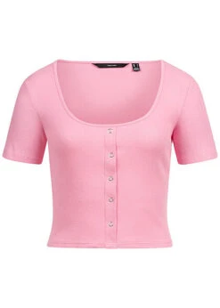 Vero Moda Damen Ribbed Crop Top T-Shirt Mit Deko Knopfleiste Prism Pink