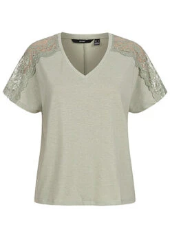 Vero Moda Damen V-Neck Top T-Shirt Mit Strukturstoff Desert Sage Grau Grün