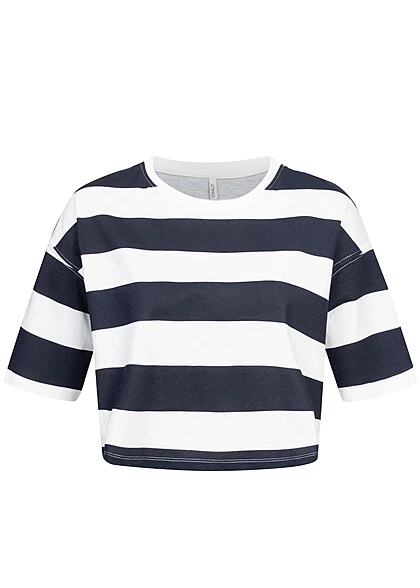Only Damen Cropped T-Shirt Box Fit Top Mit Streifen Navy Blau 1 Only Damen Cropped T-Shirt Box Fit Top Mit Streifen Navy Blau