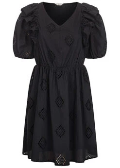 ONLY Damen 1/2 Arm Rüschen Kleid Mit Lochmuster V-Neck Schwarz