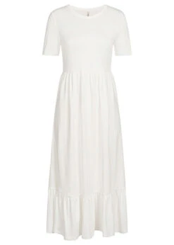 ONLY Damen Midi Peplum Jersey Kurzarm Kleid Mit Rüschen Cloud Dancer Weiss