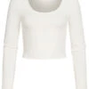 Vero Moda Damen Ribbed Crop Shirt Longsleeve Knopfleiste Seitl. Am Ärmel Schnee Weiss