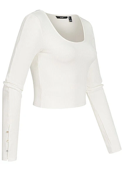 Vero Moda Damen Ribbed Crop Shirt Longsleeve Knopfleiste Seitl. Am Ärmel Schnee Weiss 2 Vero Moda Damen Ribbed Crop Shirt Longsleeve Knopfleiste Seitl. Am Ärmel Schnee Weiss – Bild 2
