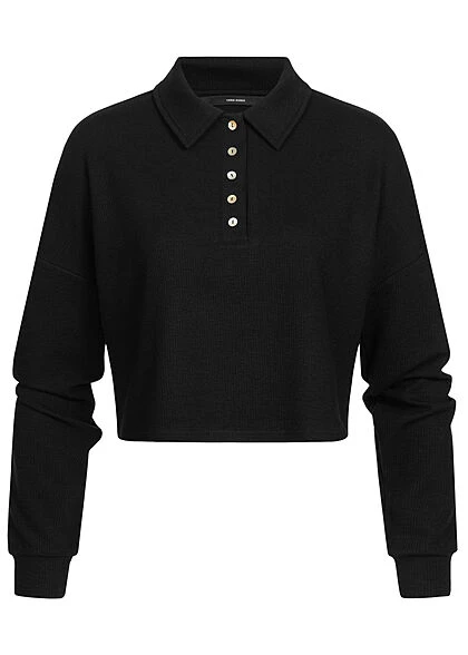 Vero Moda Damen Ribbed Crop Shirt Longsleeve Knopfleiste Polo-Optik Schwarz 1 Vero Moda Damen Ribbed Crop Shirt Longsleeve Knopfleiste Polo-Optik Schwarz