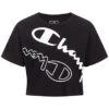 Champion Damen Performance Crop Top T-Shirt Mit Logo Print Schwarz Weiss